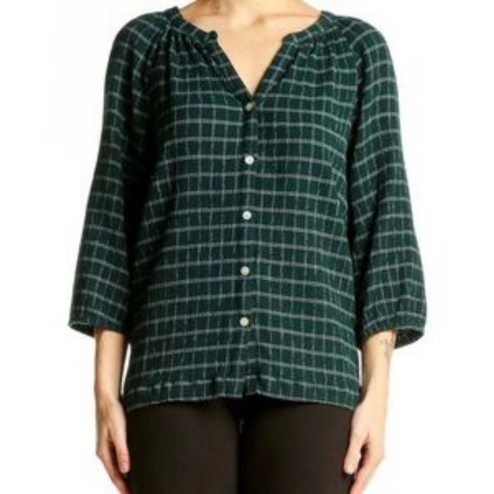 J. Jill Dark Green Windowpane Plaid Split Neck Button Blouse Size XL - Picture 8 of 8